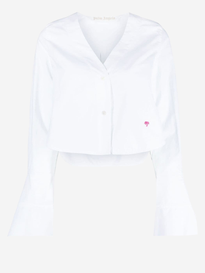 Palm Angels Flute-sleeves Cropped Cotton Shirt In White
