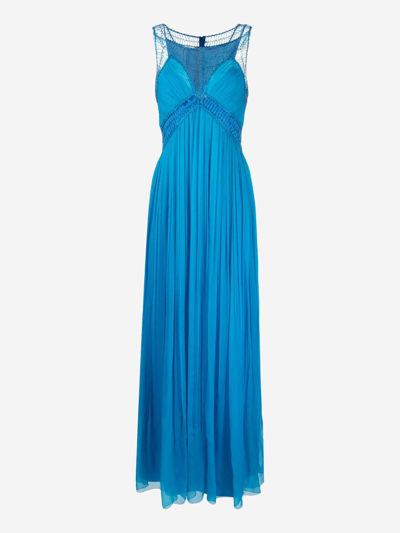 Alberta Ferretti Long Silk Pleated Dress In Blue