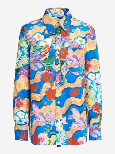 Marni Floral Painting-print Button Down Shirt In Light Blue,multicolor