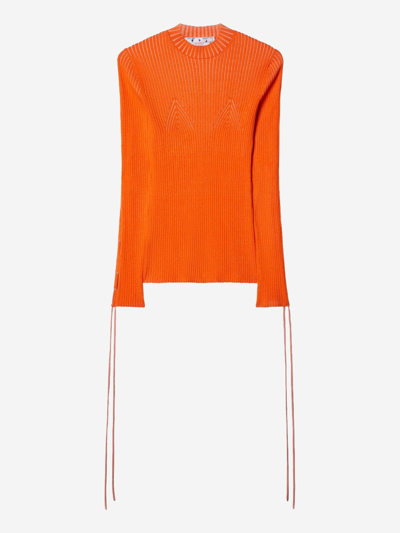 Off-white Vibrant Orange Ribbed Knit Sweater With Adjustable Ties