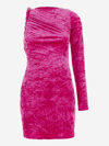 Versace Fuchsia One-shoulder Mini Dress With Greca Detail And Cut-out At The Back In Crushed Velvet Woman In Pink