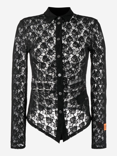 Heron Preston Floral-lace Button-up Shirt In Black