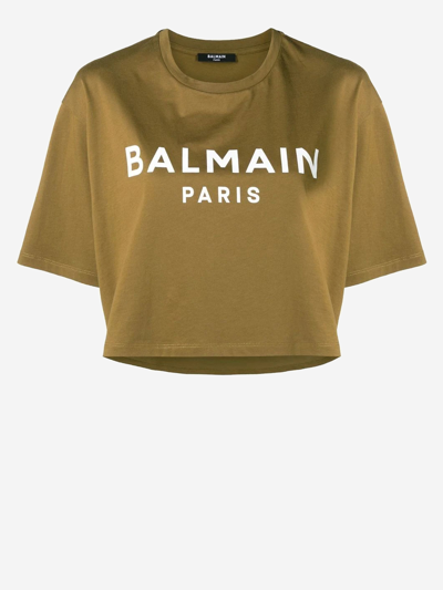 Balmain Logo Cotton Cropped T-shirt In Green