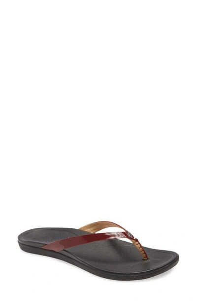 Olukai Ho Opio Leather Flip Flop In Red Ginger Patent Leather