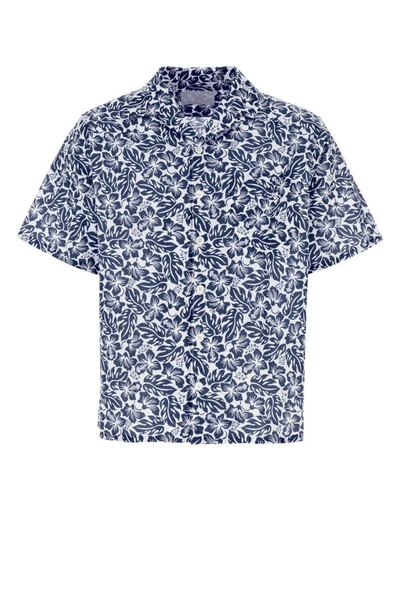 Prada Man Printed Poplin Shirt In Blue