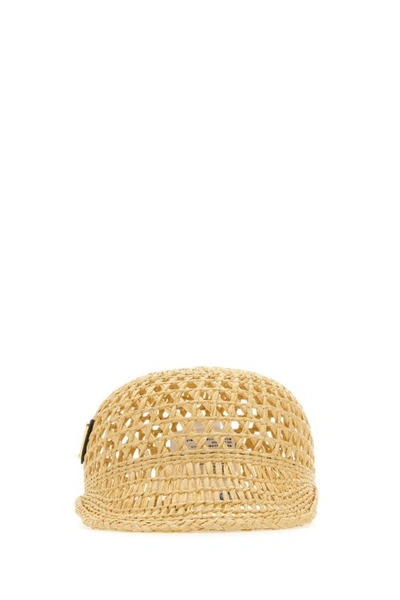 Prada Triangle Logo Woven Raffia Hat In Brown