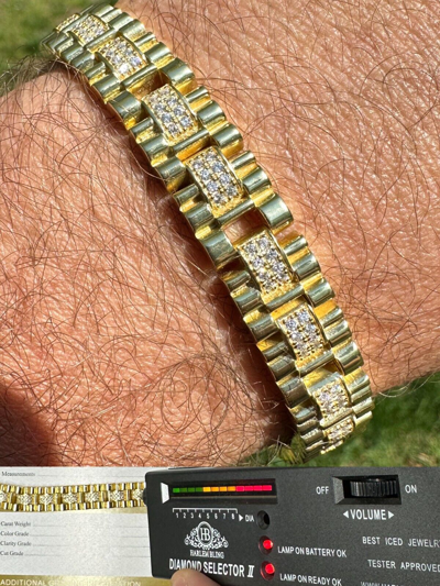 Pre-owned Harlembling Moissanite 10mm Iced Presidential Bracelet Real 14k Gold Over 925 Silver Flooded In White/colorless