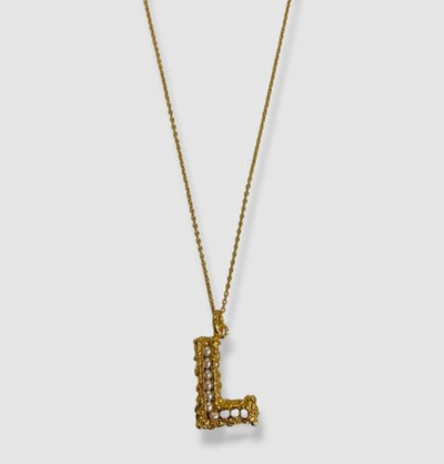 Pre-owned Pacharee $625  Women's 18k Yellow Gold Mini Pearls Alphabet "l" Necklace In White