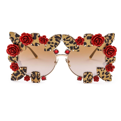 Pre-owned Dolce & Gabbana Leopard Rose Crystal Oversize Sunglasses Red Gold Dg2207 12663 In Gray