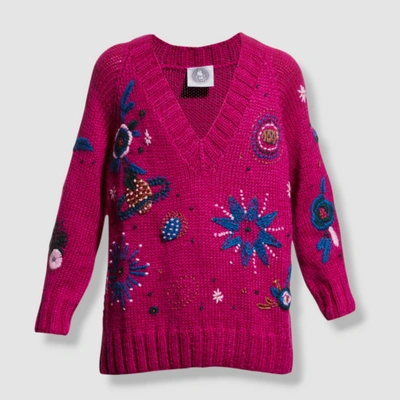 Pre-owned Happy Sheep $470  Women's Purple Wool Embroidered Hand-knit Crewneck Sweater Sz S