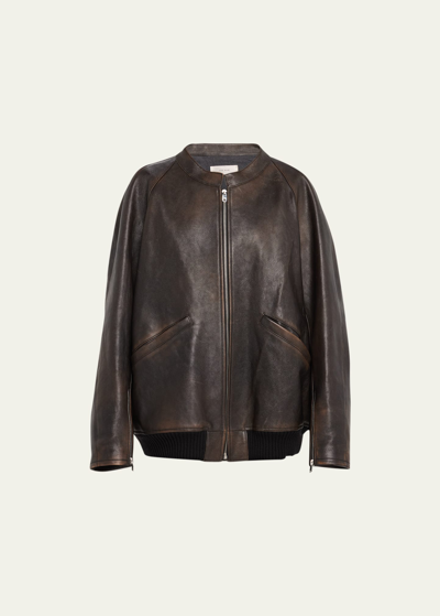 The Row Kengia Leather Bomber Jacket In Brown