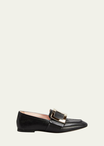 Roger Vivier 10mm Leather Buckle Flat Loafers In Nero