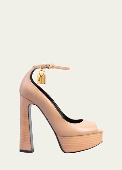 Tom Ford Padlock Embellished Leather Platform Sandals In Neutrals