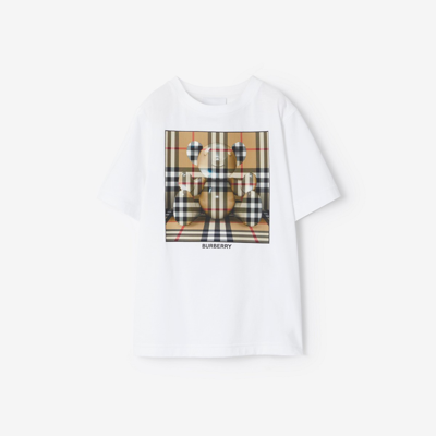 Burberry Kids'  Childrens Check Thomas Bear Print Cotton T-shirt In White / Arch Beige