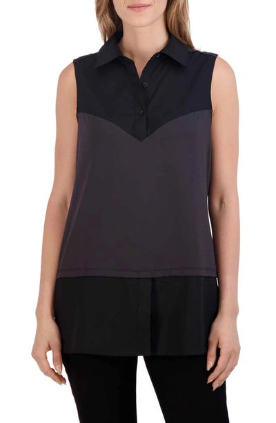 Foxcroft Mixed Media Sleeveless Layered Shirt In Black