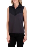 Foxcroft Mixed Media Sleeveless Button-up Shirt In Black