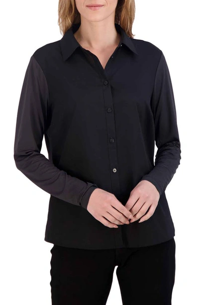 Foxcroft Marianna Mixed Media Button-up Shirt In Black