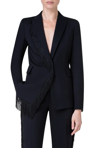 Akris Punto Wool Crepe Blazer Jacket With Intarsia Fringe Detail In Black