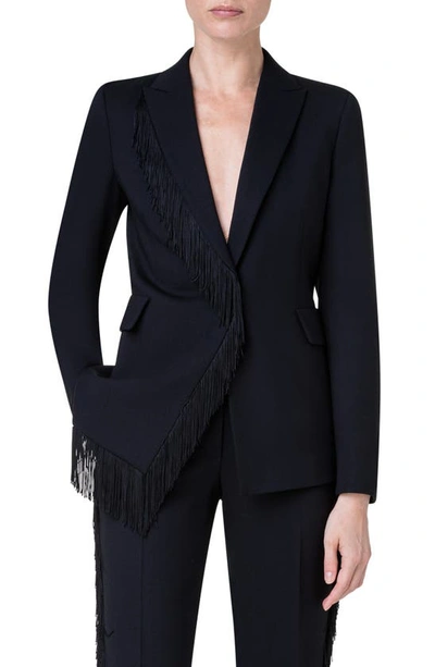 Akris Punto Wool Crepe Blazer Jacket With Intarsia Fringe Detail In 009 Black