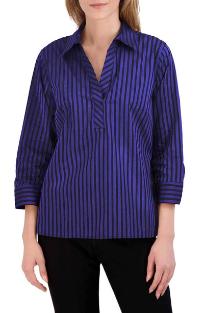 Foxcroft Sophia Stripe Three-quarter Sleeve Stretch Tunic In Blue Iris