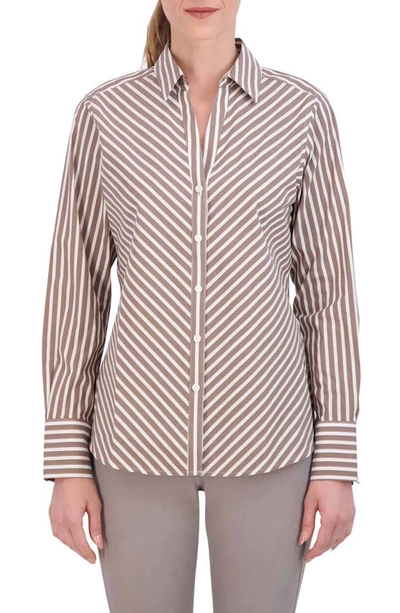 Foxcroft Mary Stripe Stretch Button-up Shirt In Brown