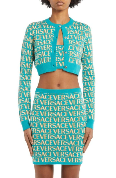 Versace Logo提花针织短款开衫 In Turquoise
