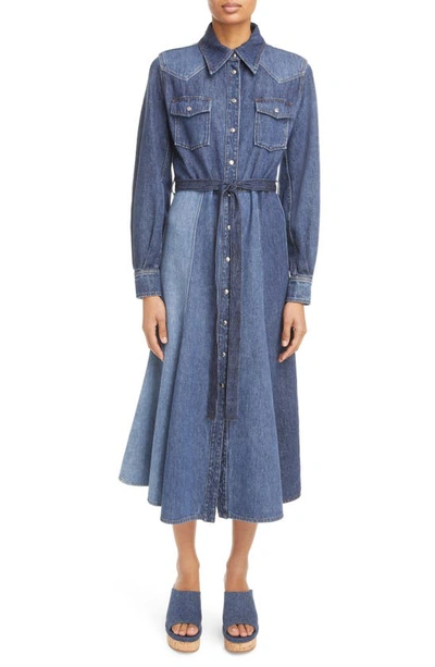 Chloé Recycled Cotton Denim Shirtdress With Self-tie Belt In Blue
