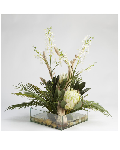 D&w Silks White Cymbidium Orchids & Greenery In Square Aquarium Glass