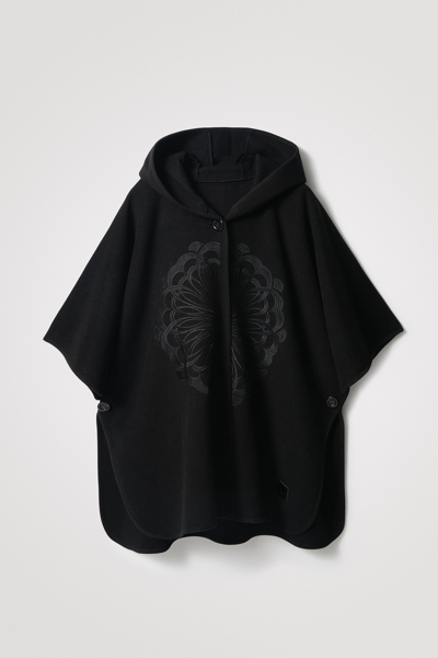 Desigual Embroidered Poncho With Hood In Black