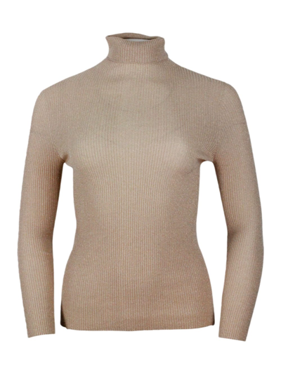 Fabiana Filippi Long-sleeved Turtleneck Sweater In Merino Lamè Embellished With Shiny Lurex That Gives Brightness In Camel Gold