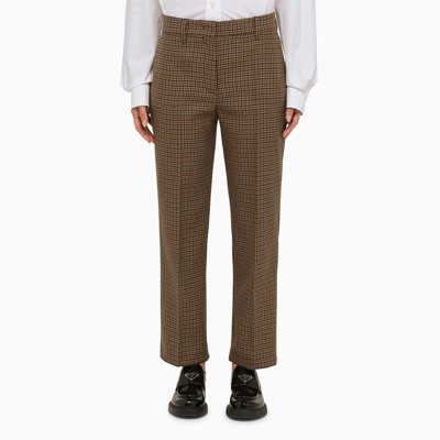 Prada Beige Wool Check Trousers Women In Brown