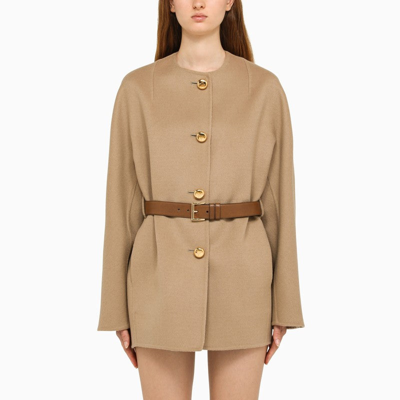 Prada Double Wool Leather Belted Caban Jacket In Brown
