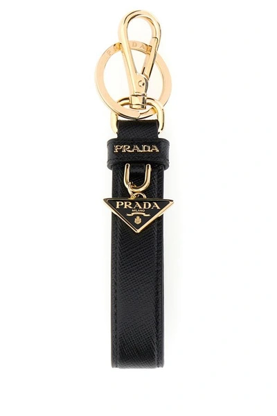 Prada Woman Black Leather Key Ring In Nero