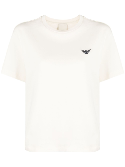 Emporio Armani Embroidered-logo Cotton T-shirt In Neutrals