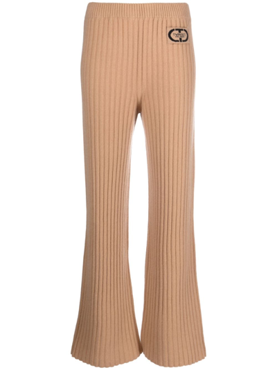 Twinset Logo-patch Ribbed-knit Trousers In Nude