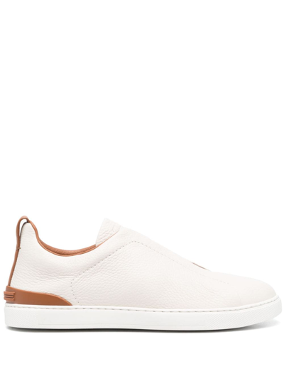 Zegna Triple Stitch Pebbled Leather Sneakers In Off White