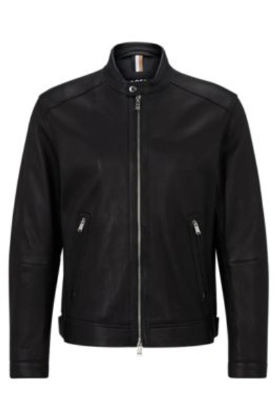 Hugo Boss Regular-fit Jacket In Lamb Leather With Stand Collar In Black
