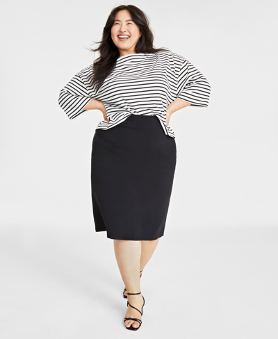 On 34th Plus Size Double-weave Pencil Skirt, Created For Macy's In Deep Black