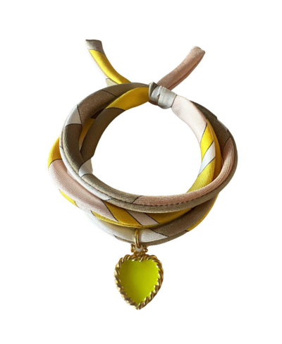Akalia Yellow Hand Printed Silk Twill Bracelet Sterling Silver Gold Plated Enamel Love Charm