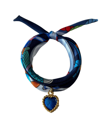 Akalia Navy Blue Printed Silk Twill Bracelet Sterling Silver Gold Plated Enamel Love Charm