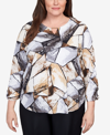ALFRED DUNNER PLUS SIZE CLASSICS PATCHWORK BEADED SPLIT NECK TOP
