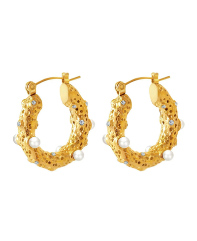 Akalia Waterproof Gold Plated Show Me Pearls Hoop Earrings With Cubic Zirconia