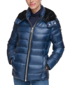 Calvin Klein Faux Fur Trim Chevron Quilt Down Puffer Jacket In Shine Slate Blue