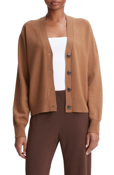 Vince Wool Blend V Neck Cardigan In Brown