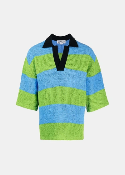 Sunnei Green/blue Striped Knitted Polo Shirt