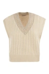 Brunello Cucinelli Ribbed Cashmere Waistcoat With Dazzling Neckline In Sand