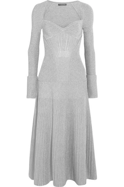 Alexander Mcqueen Metallic Ribbed Stretch Wool-blend Midi Dress In Grey-silver