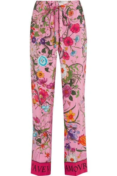 Gucci Printed Silk Crepe De Chine Wide-leg Trousers In Pink