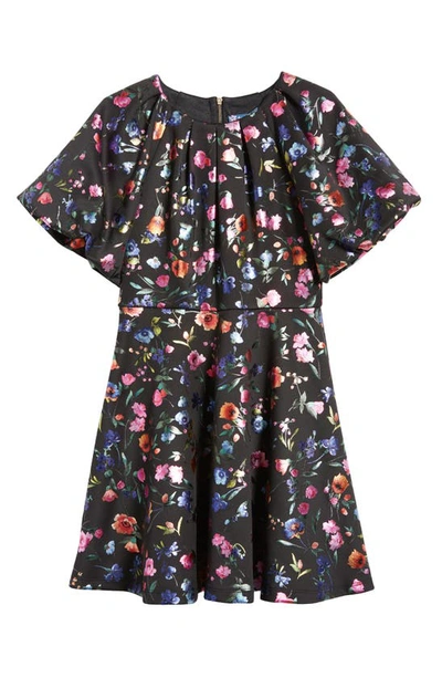 Truly Me Kids' Metallic Floral Flutter Sleeve Fit & Flare Dress In Black Multi