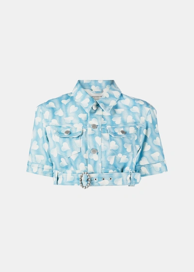 Alessandra Rich Heart-print Cropped Denim Jacket In Light Blue